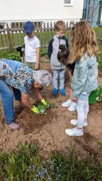 Schüler bei Pflanzarbeiten im Schulgarten