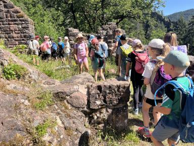 Eine Gruppe von Kindern und Erwachsenen steht auf historischen Steinruinen und blickt auf eine grüne Waldlandschaft.