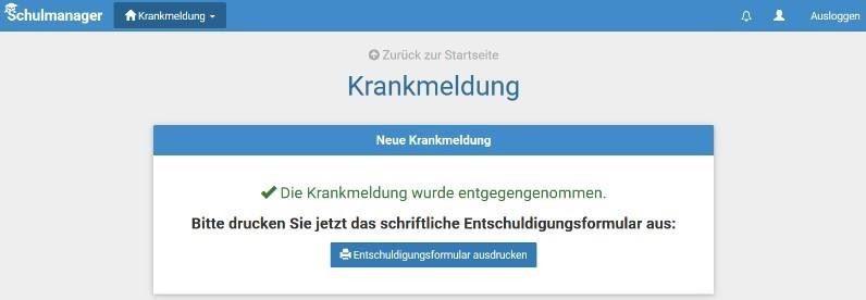 Bestätigung der Krankmelddung im Schulmanager Bestätigung der Krankmelddung im Schulmanager